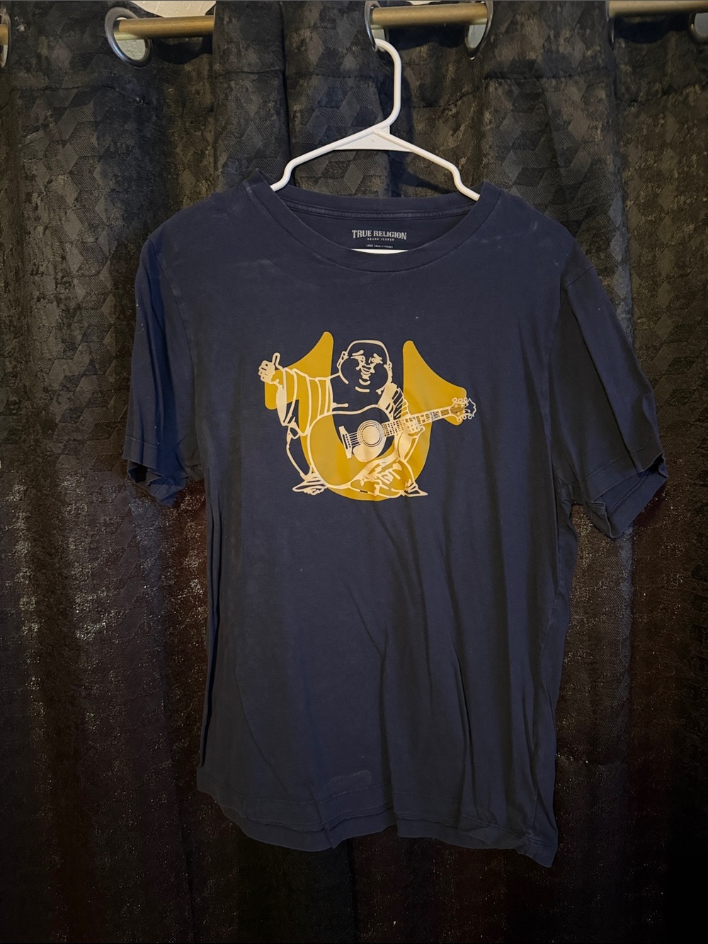 True Religion Navy Tee with Yellow Buddha Guitar Graphic